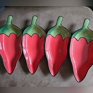 Set of 4 Clay Art Red and Green Chili Pepper Ceramic Serving Dishes- Vintage